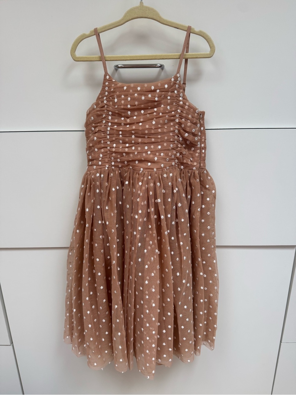 Girls' Polka Dot Tan Tulle Dress with Ruched Bodice
